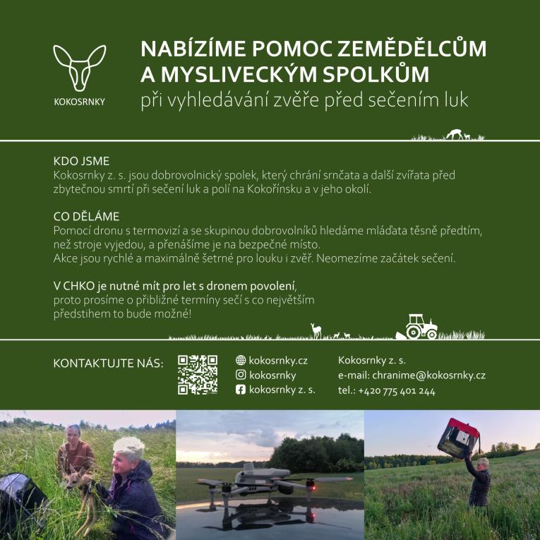 Nabídka pomoci zemědělcům a&nbsp;mysliveckým spolkům při&nbsp;vyhledávání zvěře před&nbsp;sečením luk