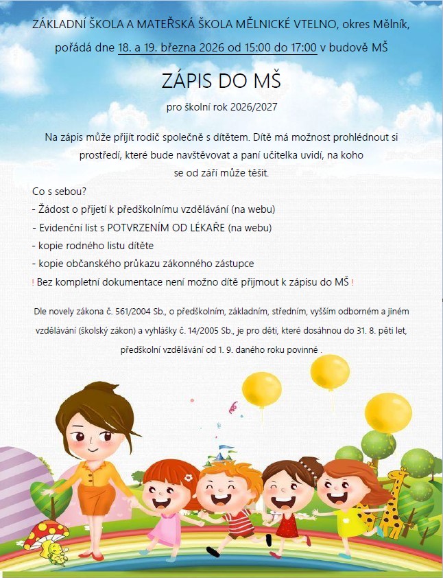 Zápis do&nbsp;MŠ Mělnické Vtelno pro&nbsp;školní rok 2026/2027