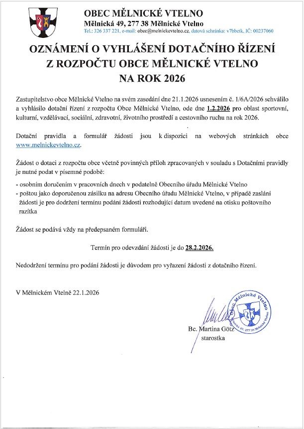 Oznámení o vyhlášení dotačního řízení z rozpočtu obce Mělnické Vtelno na rok 2026