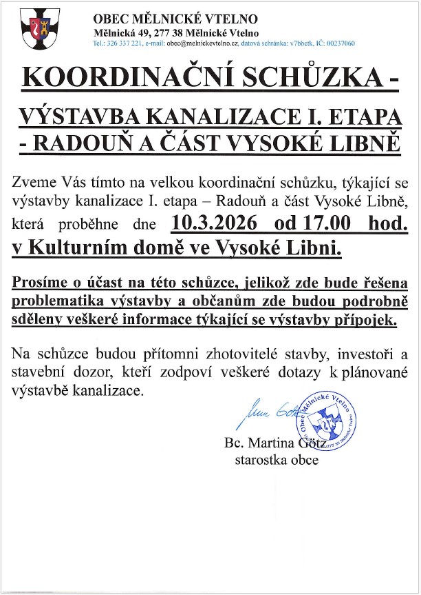 Koordinační schůzka - výstavba kanalizace I. etapa 