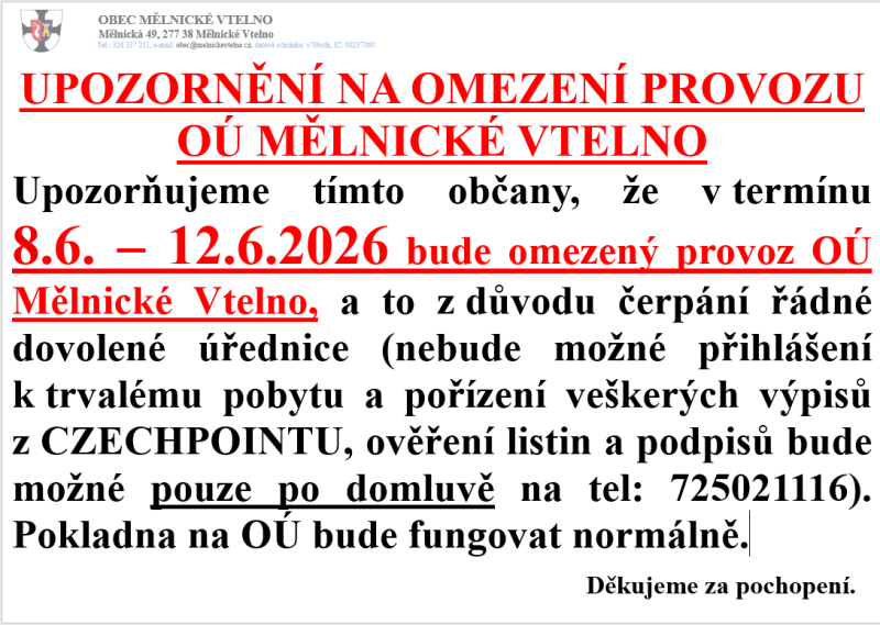 Omezeni provozu OÚ Mělnické Vtelno