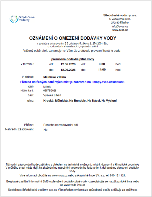 Oznámení o omezení dodávky vody